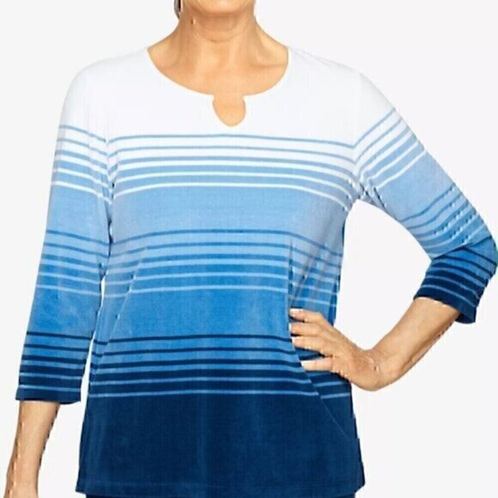 ALFRED DUNNER Precious Jewels Soft Striped Velour Top White Blue Navy 3/4 Sleeve